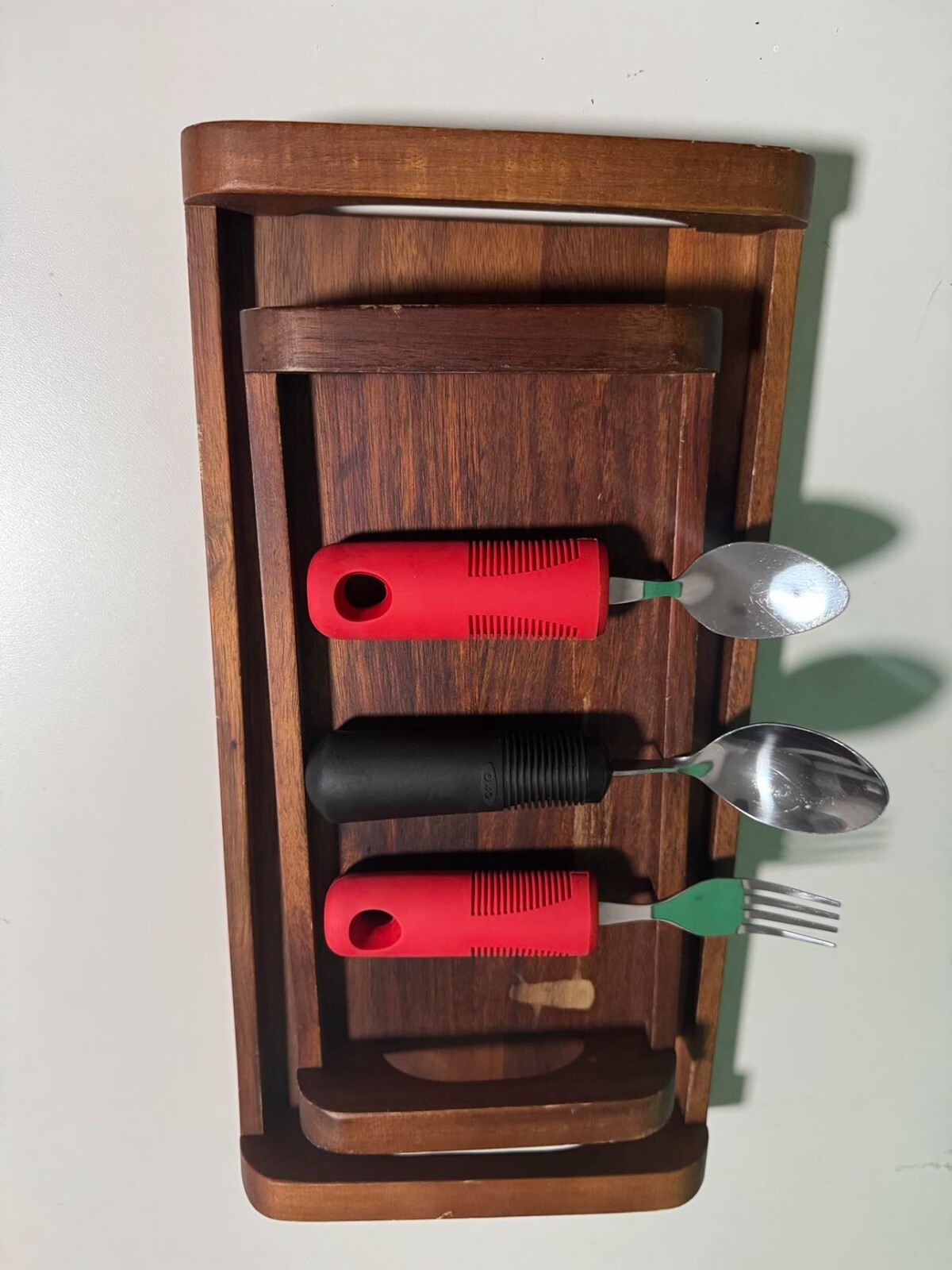 Lot of 5: Essential medical supply 2 wood trays 2 spoons and 1 fork rubber/steel