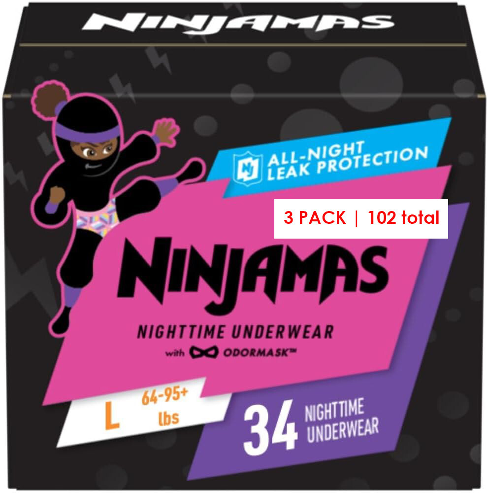 Pampers Ninjamas Nighttime Bedwetting Underwear Girls – Size L (64-125 lbs), 102