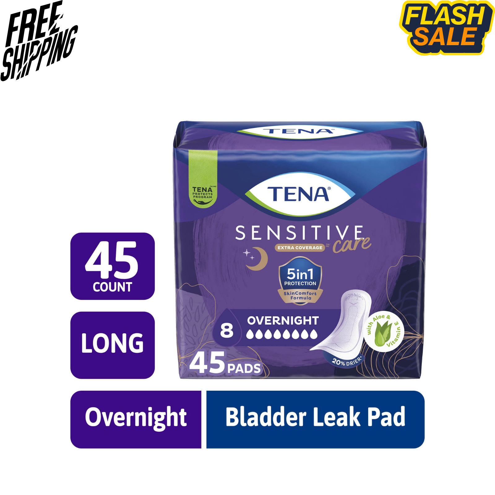 TENA Sensitive Care Overnight Incontinence Pads, Extra Coverage, 45 Count