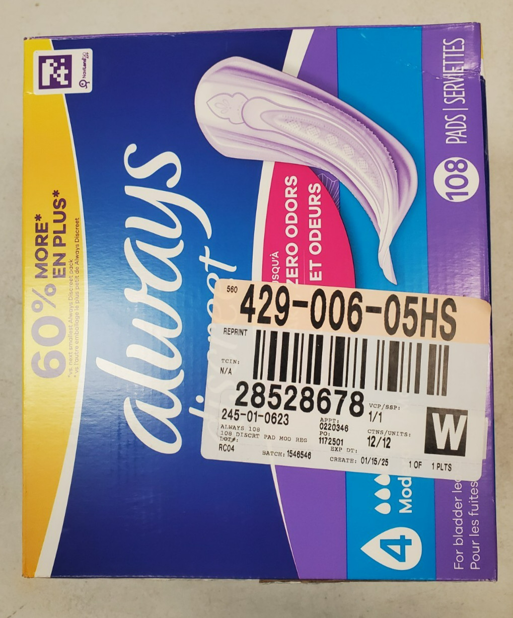 108 Count Always Discreet Incontinence Pads *4 Moderate* Reg. Length 3342-R9P1b