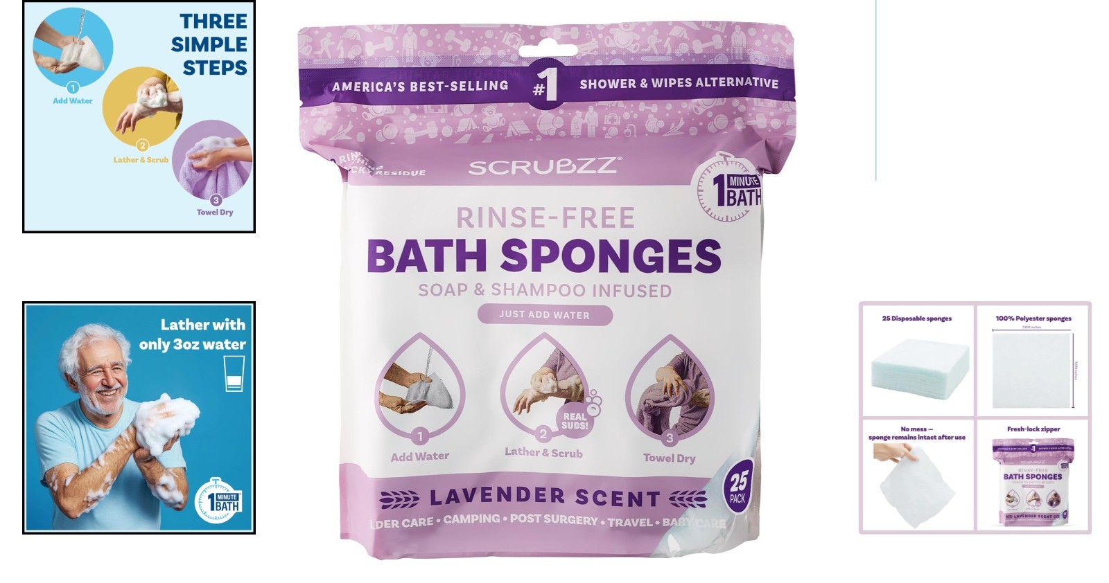 Lavender No Rinse Bathing Wipes – 25 Pack Hypoallergenic Spa Experience