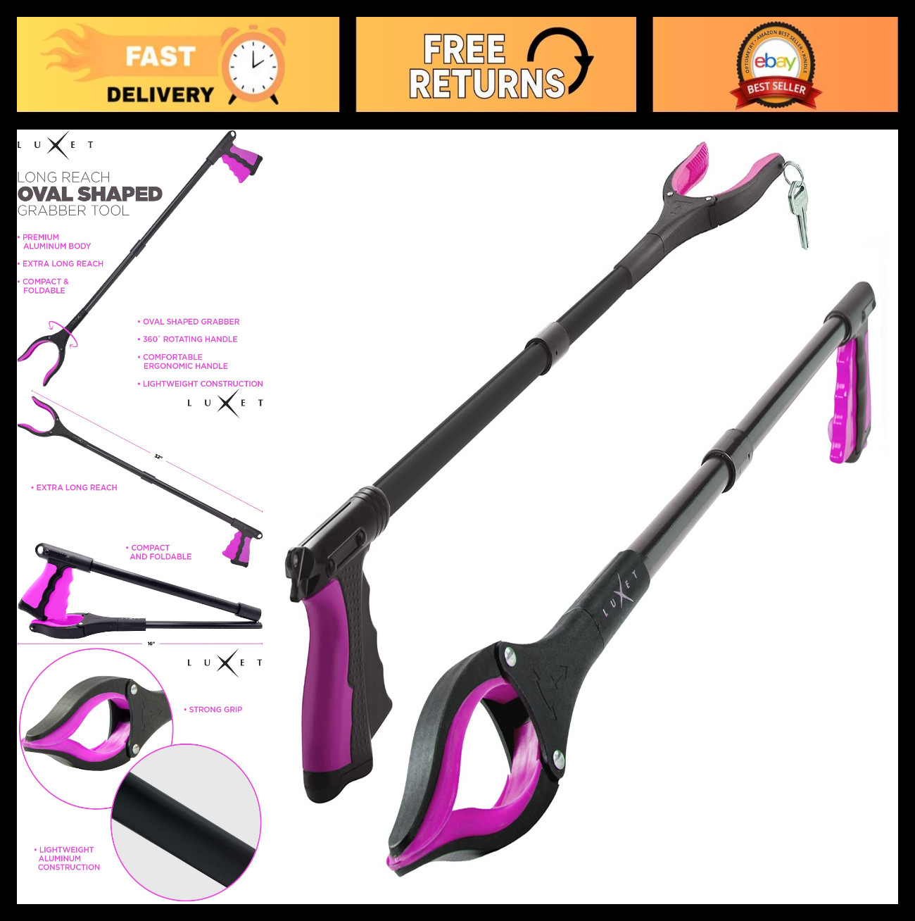 32″ Foldable Grabber Reacher Tool – 2 Pack, Magnetic Tip, Lightweight Trash Pick