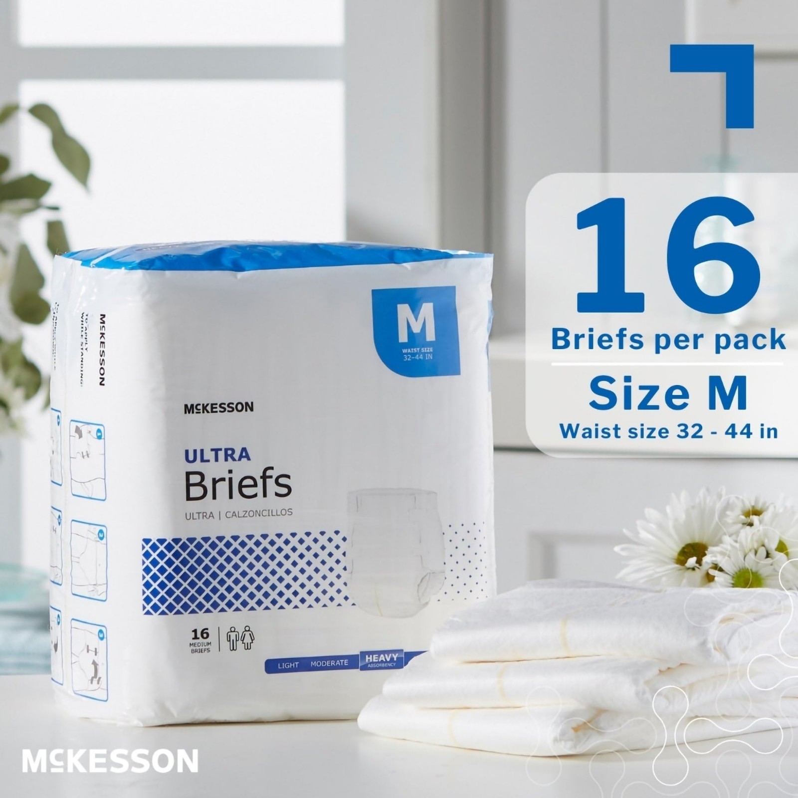 Ultra Briefs Incontinence Adult Diapers, Size M 32-44in, Heavy Absorbency, 16 Co
