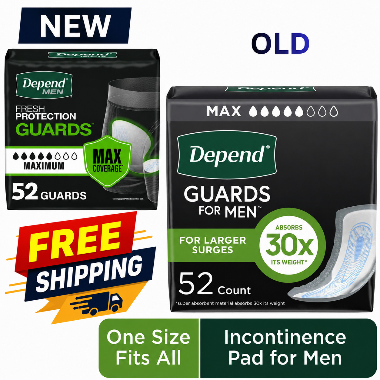 52 Count New Depend Guards Incontinence Pads for Men, Maximum Absorbency