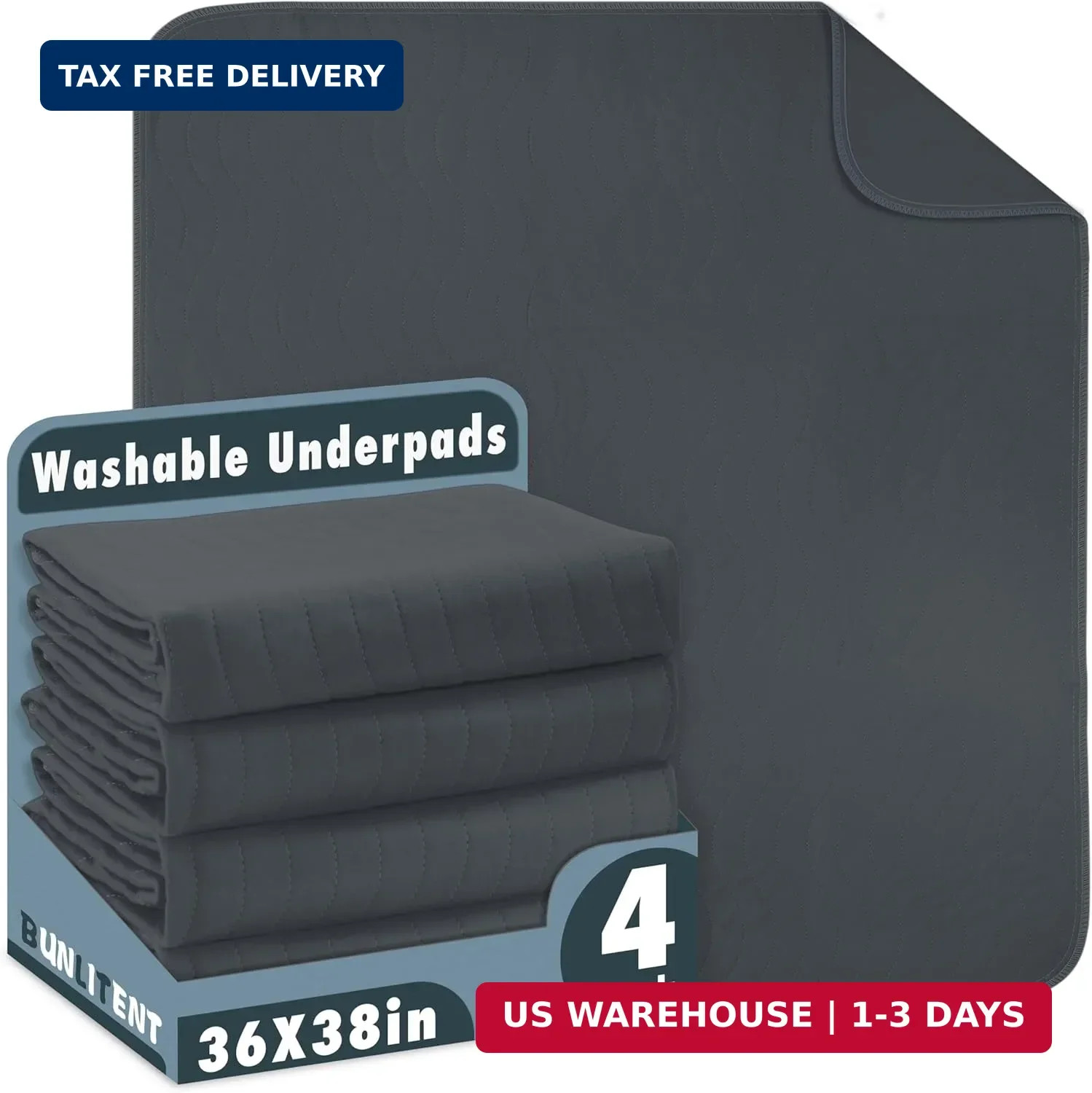 Bunlitent Washable Underpads, 36″ x 38″, 4 Pack, Grey, Heavy Absorbency Reusable