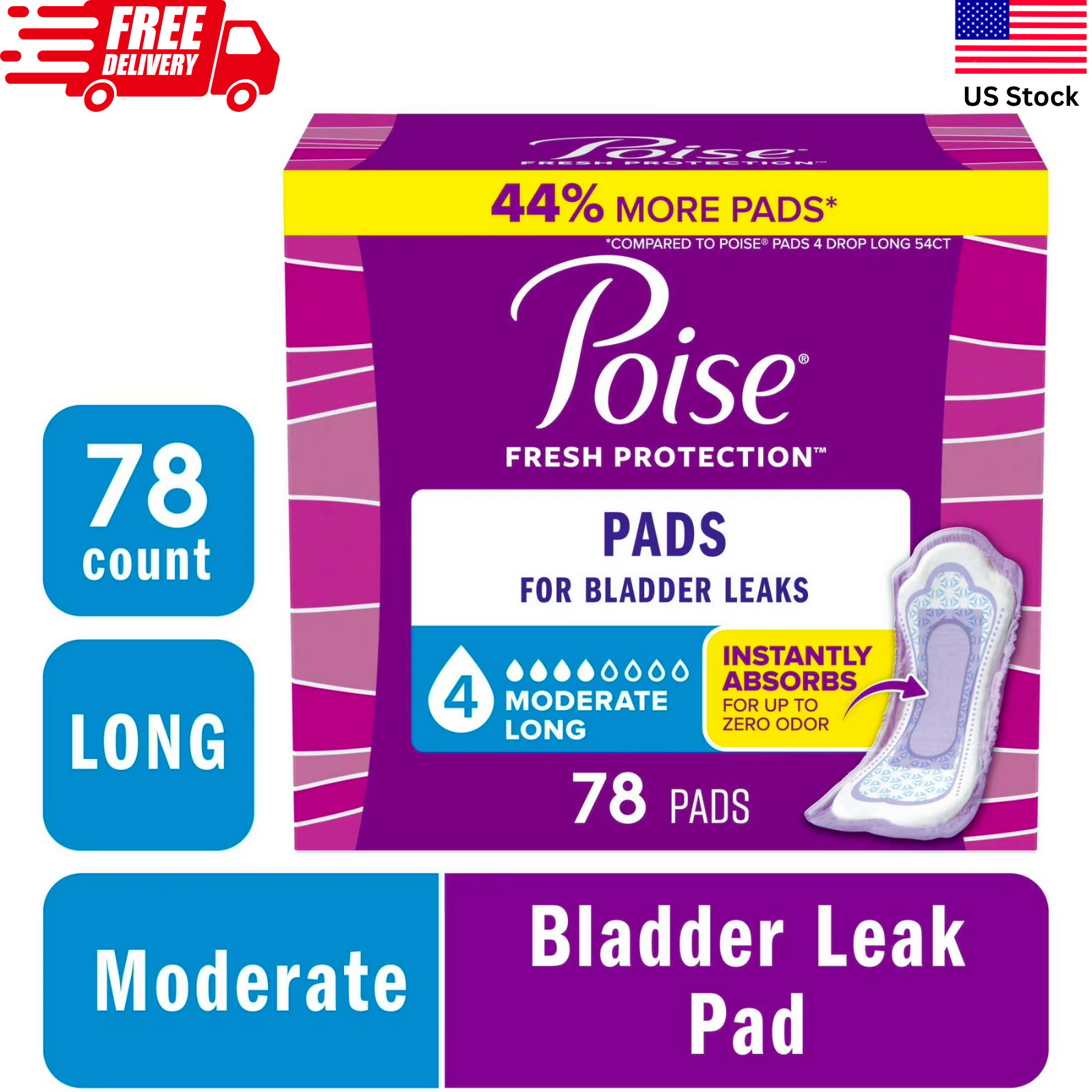 Poise Incontinence Pads Women Moderate 4 Drop Long Length 78 Count NEW