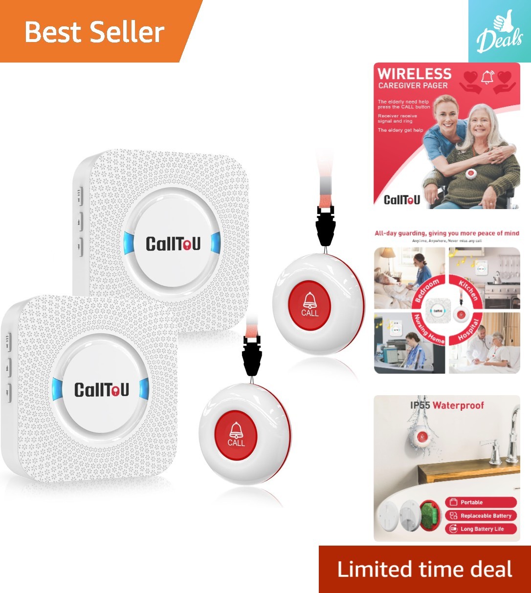 Wireless Caregiver Pager System – 2 SOS Call Buttons & Receivers, 500+ Ft Range