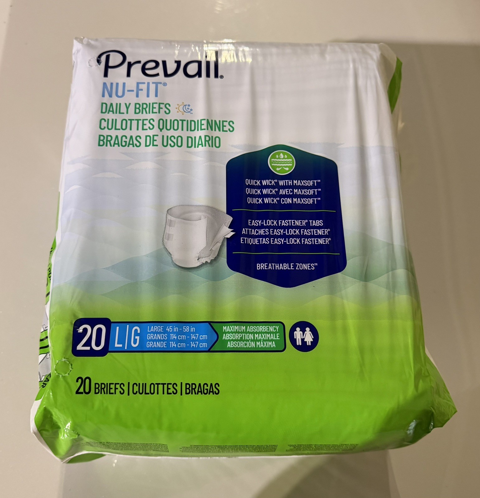 Prevail Nu-Fit Adult Briefs Large Maximum Absorbency Breathable 20 Pack