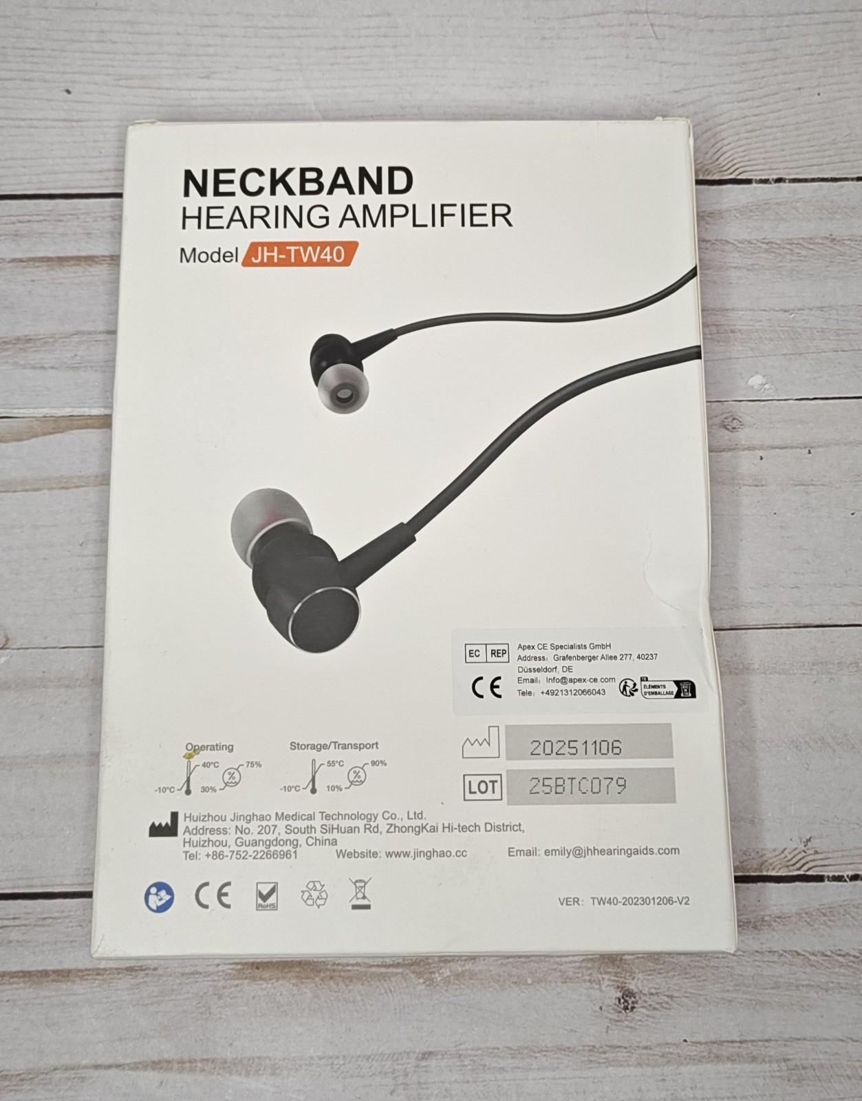 NEW Neckband Hearing Amplifier Model JH-TW40 Large Rechargeable