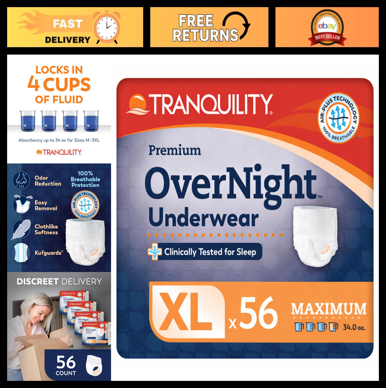 Premium Overnight Disposable Absorbent Underwear – XL, 48-66″ Waist, Max Absorbe