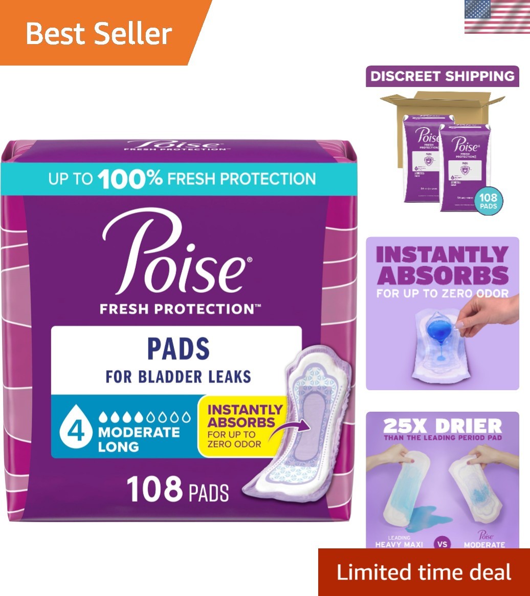 Poise Incontinence & Postpartum Pads – 108 Count, 4 Drop Moderate Absorbency