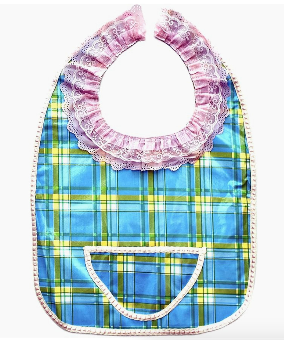 Adult Dining Oilcloth Bib,Blue Plaid,Pink Lace Collar,Loop&Hook Closure,Pocket