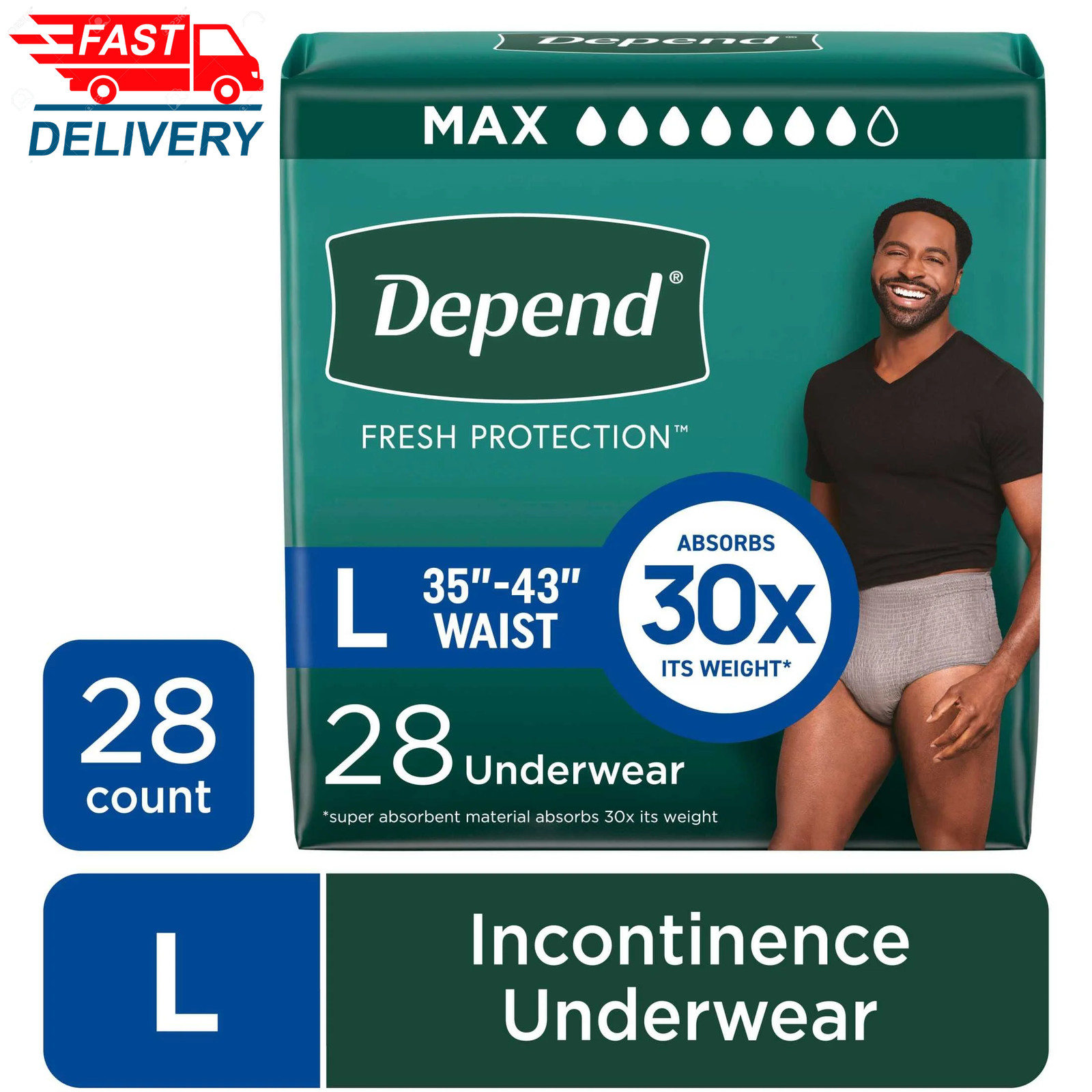 Fresh Protection Incontinence Underwear for Men, Adult Diapers, L, 28 Count