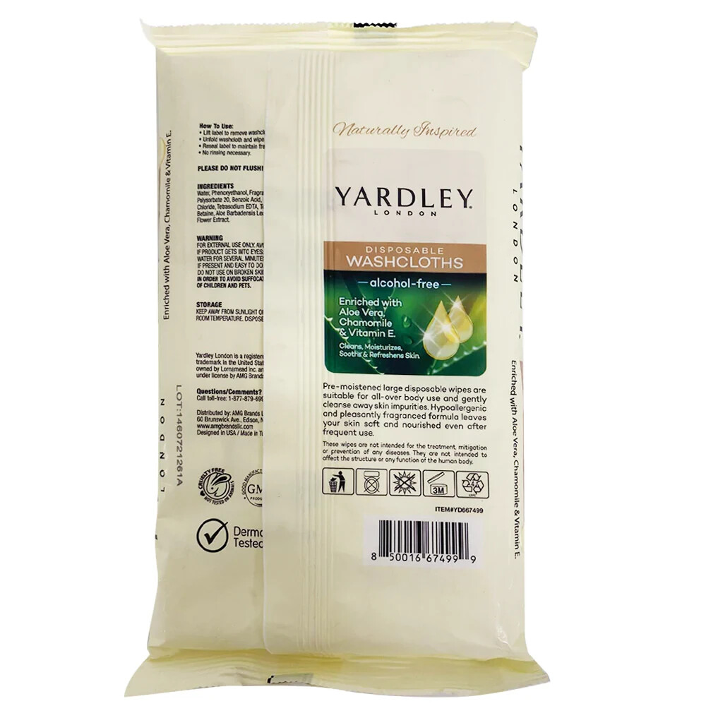 Lot of 5 Yardley London Disposable Washcloths 18 Count 12″x8″ X5 =90 Wipes Total