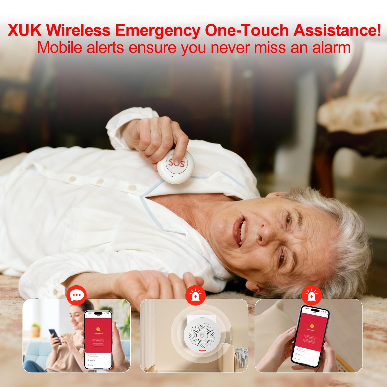 XUK WiFi SOS Caregiver Pager Call Button for Elderly, No Monthly Fee 2.4GHz