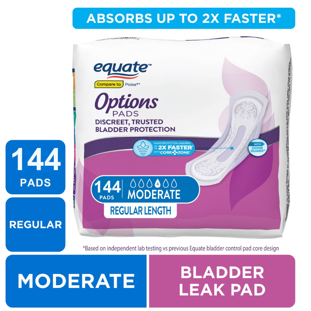 2pk Equate Options Incontinence Pads, Moderate Regular, 144 Ct, Bladder Control