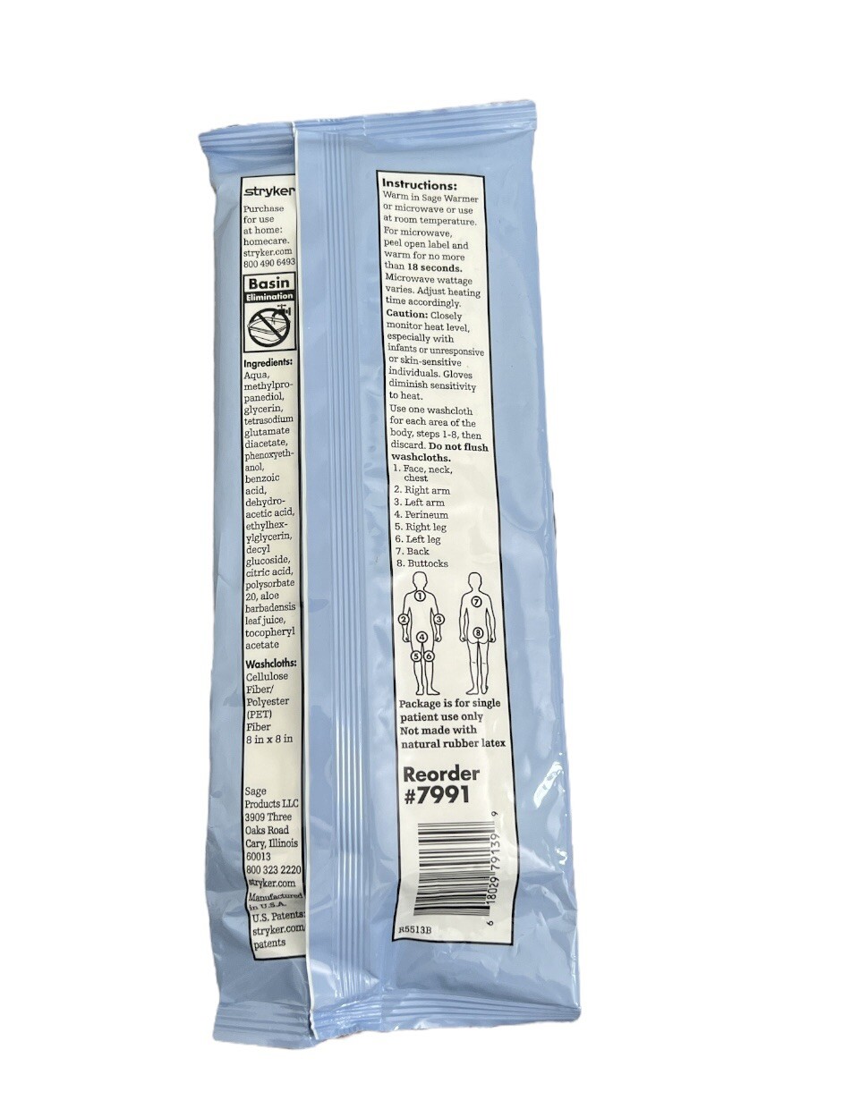 Stryker – Sage Essential Bath Cleansing Washcloths – 1 Package 8 Cloths NEW