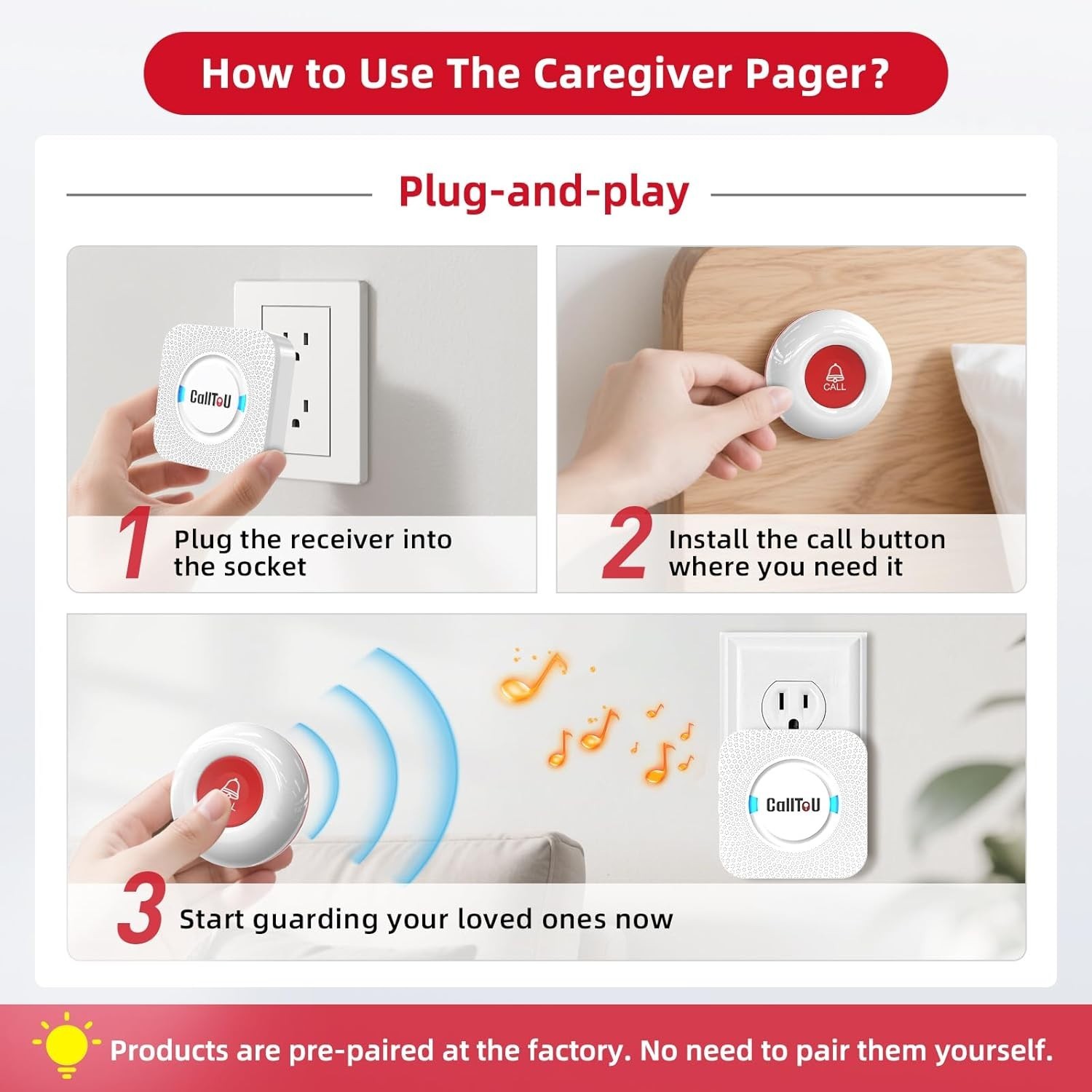 Wireless Caregiver Pager System 2 SOS Call Buttons 2 Receivers Home Use
