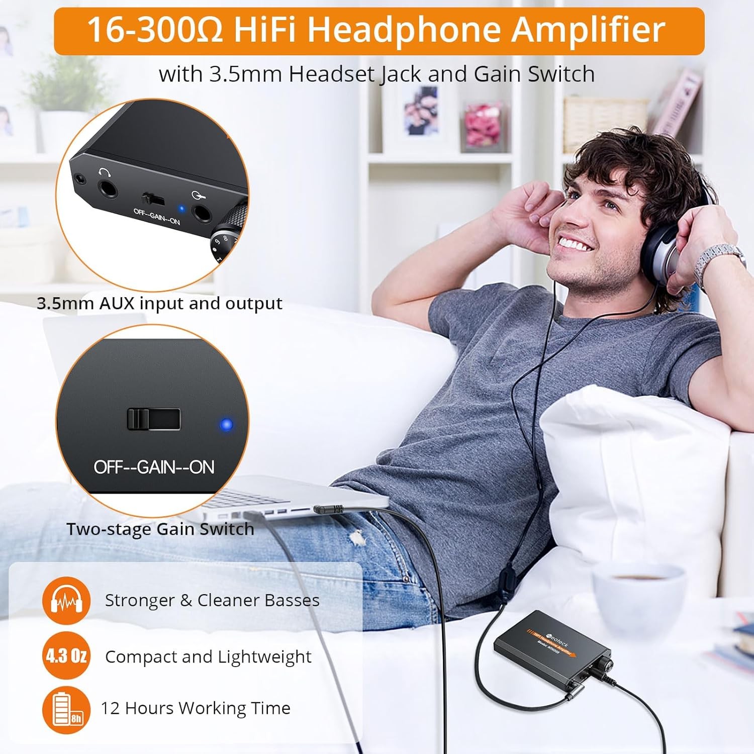 Neoteck Portable 3.5mm Headphone Amplifier Two-Stage Gain Switch, Black