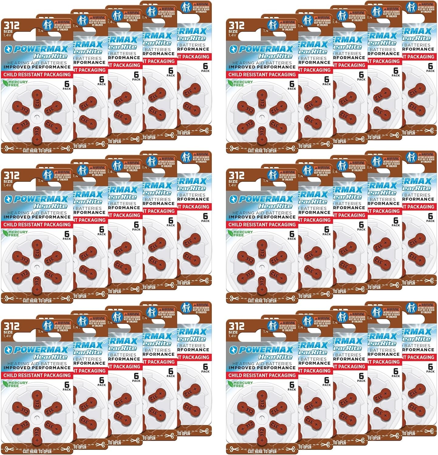 Size 312 Hearing Aid Batteries, 180 Count Long-Lasting Battery Pack, Brown Lo…