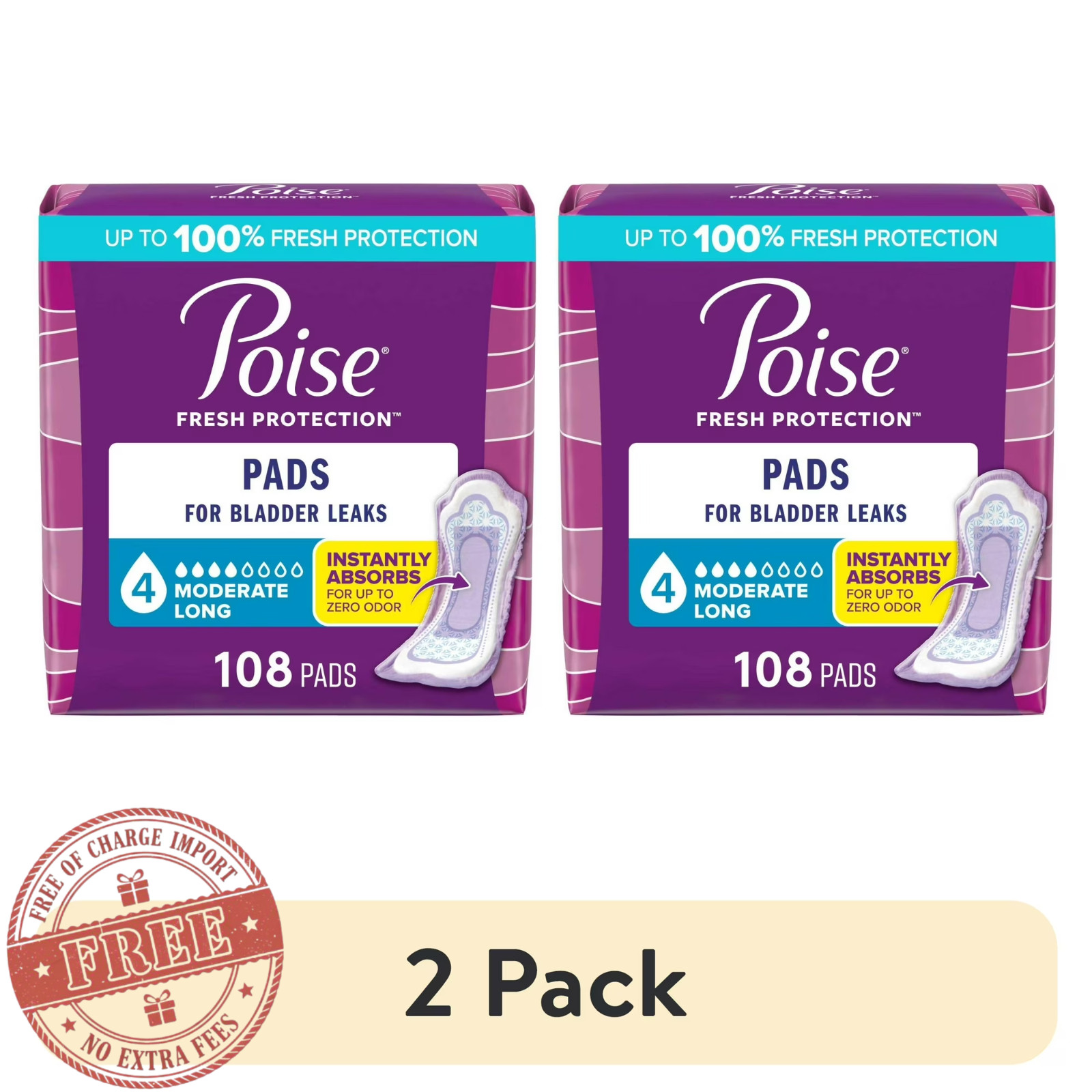 2 Pack Poise Incontinence Pads for Women, 4 Drop Moderate Absorbency, 108 Count