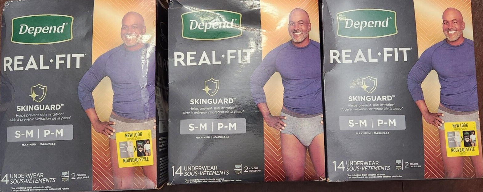 3-PK Depend Mens Real Fit Gray Underwear Maximum Absorbency S/M 115-190lb 14CT