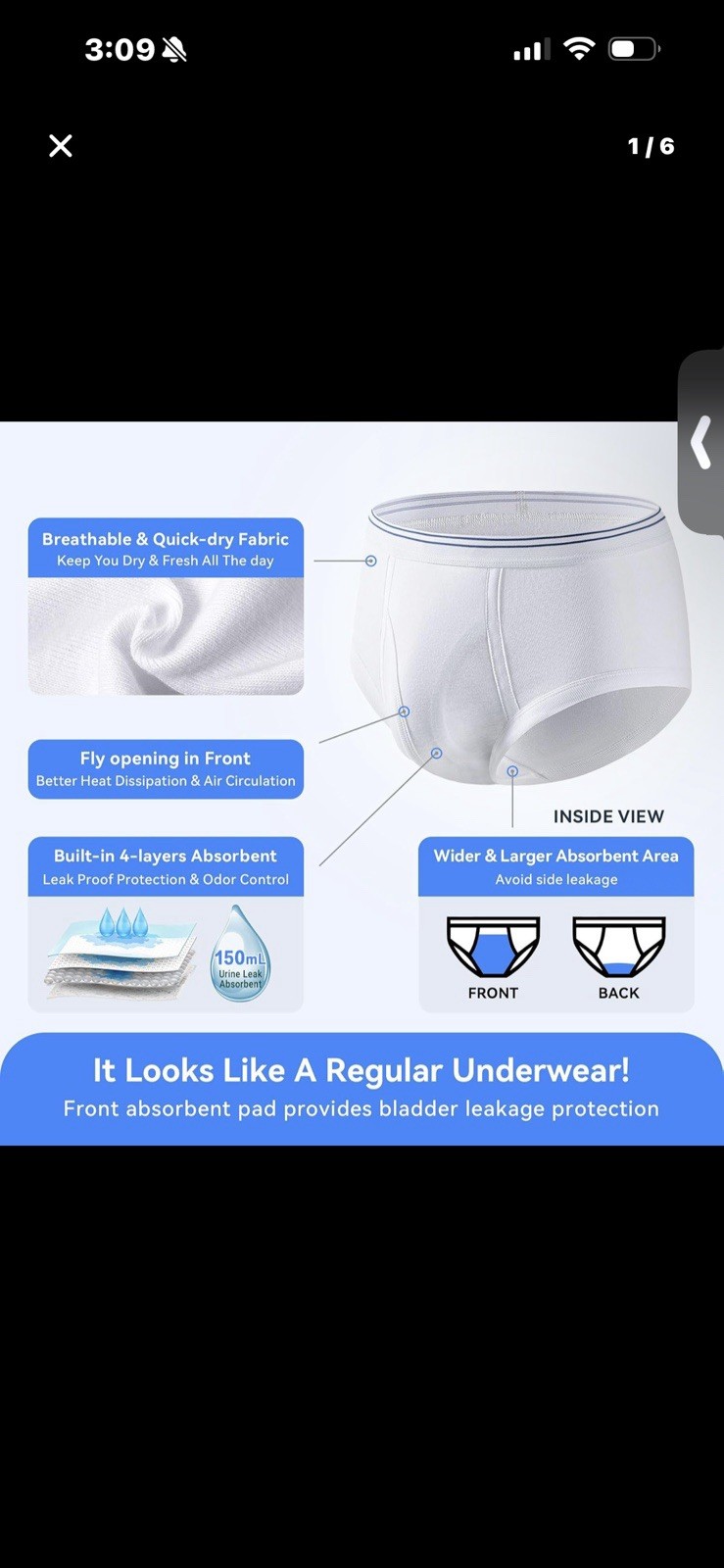 Carer Mens Incontinence Briefs Underwear Washable 1 Pack Cotton Reusable Size XL