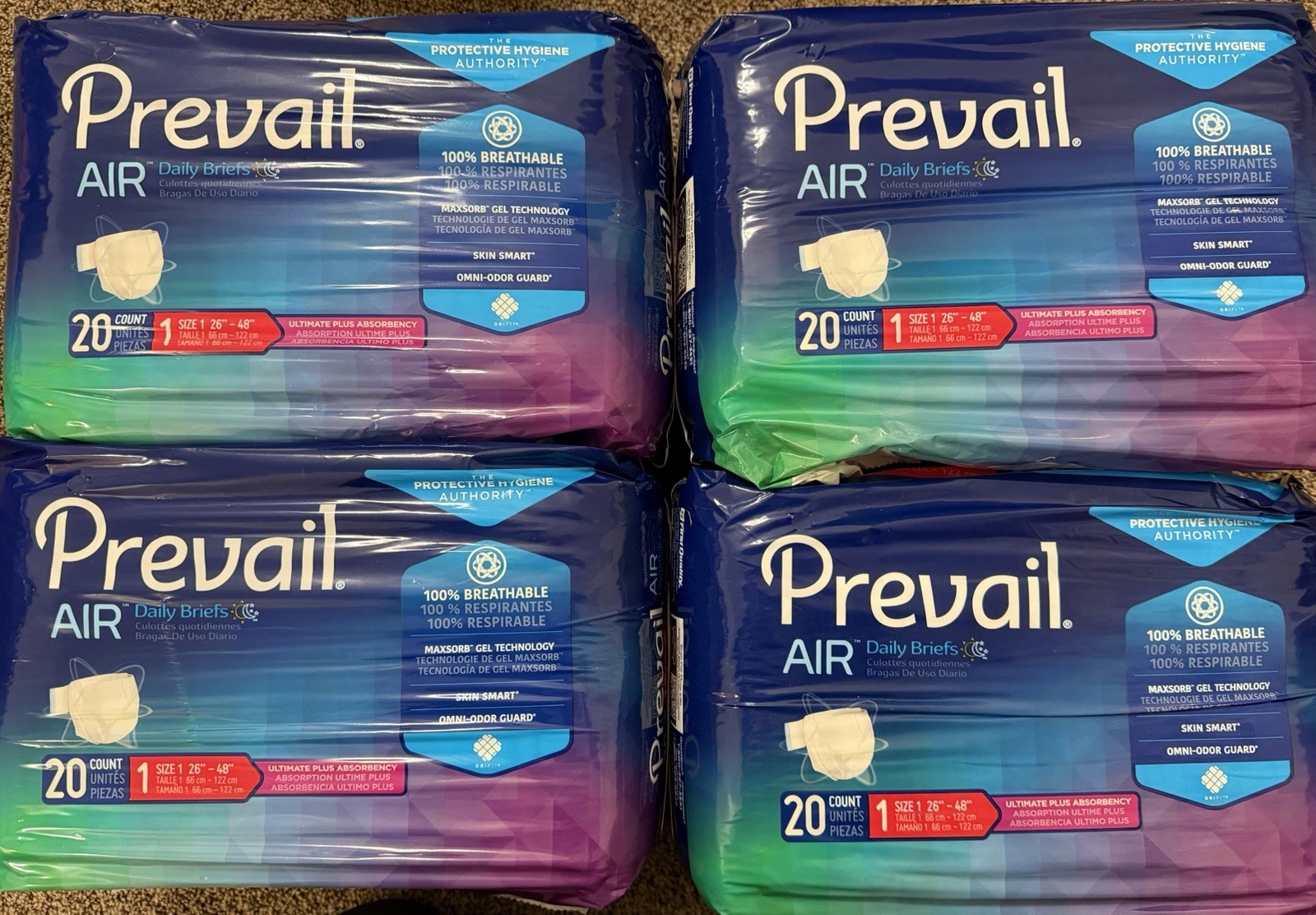 Prevail AIR Daily Briefs Ultimate Plus Absorbency Size 1, Full Case Of 4 Packs