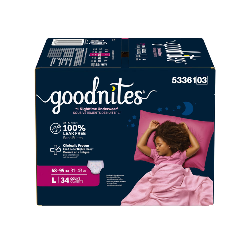 Goodnites Girls Nighttime Bedwetting Underwear, Size L, 68-95 lbs, 34Ct Pull Ups