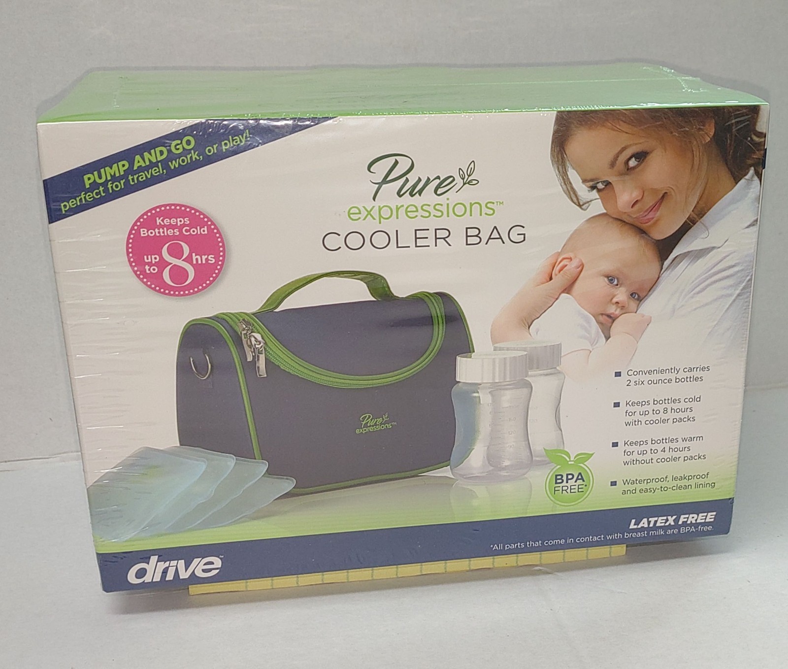 Drive Medical Pure Expressions Insulated Cooler Bag + 4 Ice Packs 2 Bottles NIB