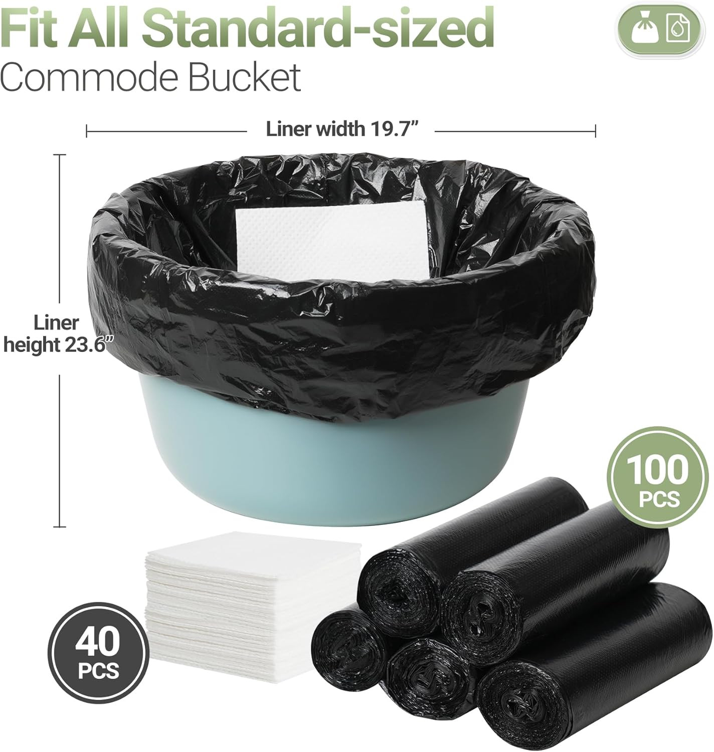 100 Commode Liners + 40 Absorbent Pads Portable Toilet Bags 23.6″x19.7″