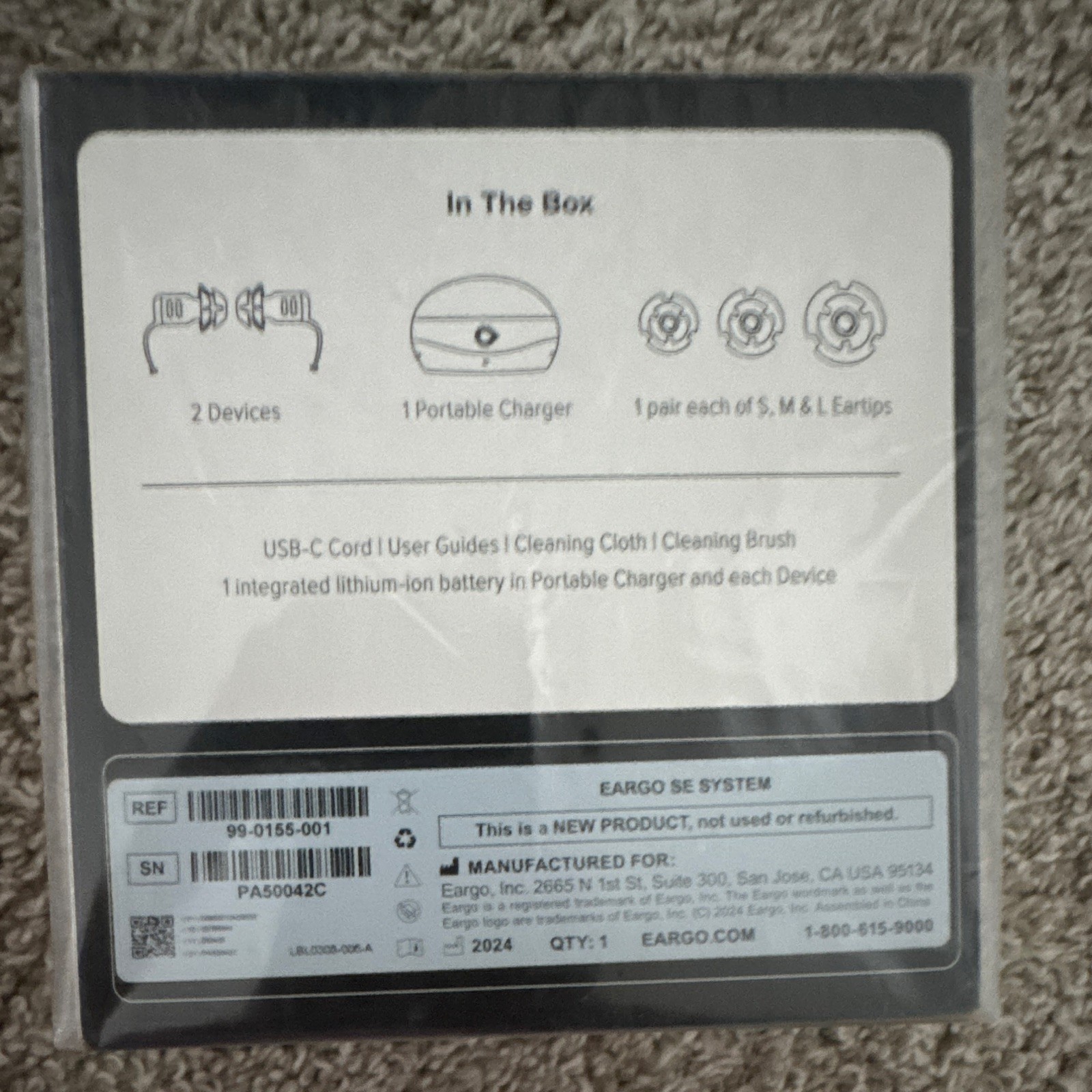 Eargo SE CIC Rechargeable Hearing Aids 2 Devices w/ Portable Charger NEW SEALED
