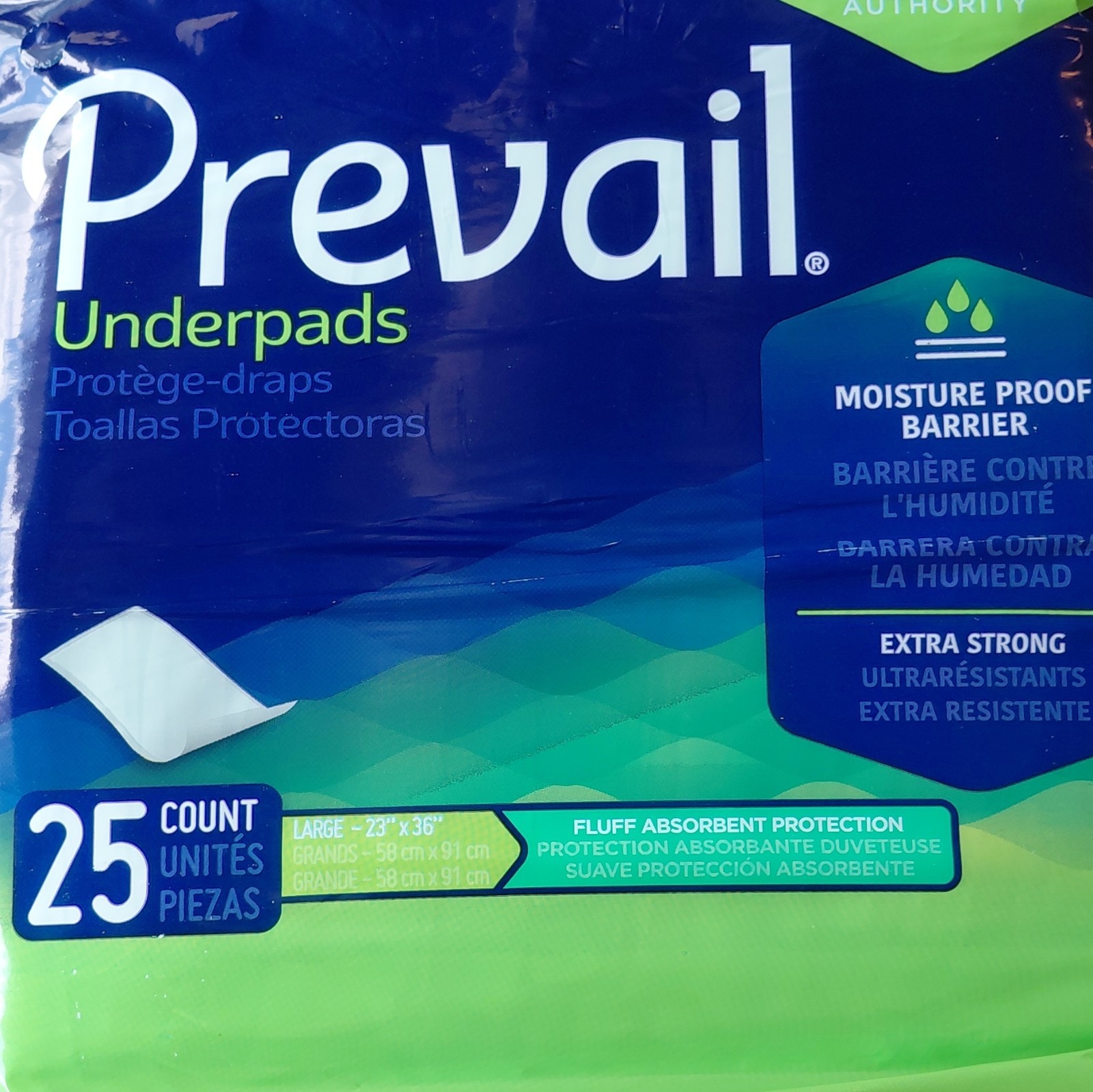 Prevail Underpads Extra Strong Moisture Proof Barrier Large 23×36 in 25 Ct