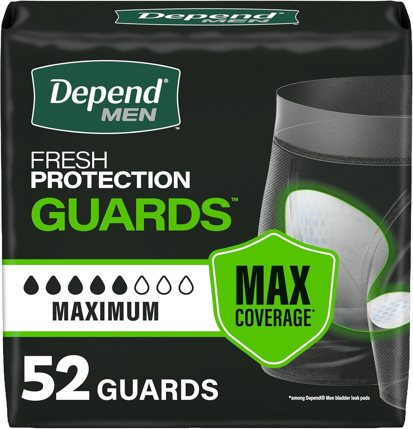 Depend Guards Incontinence Pads for Men, Maximum Absorbency, 52 Count, Packaging