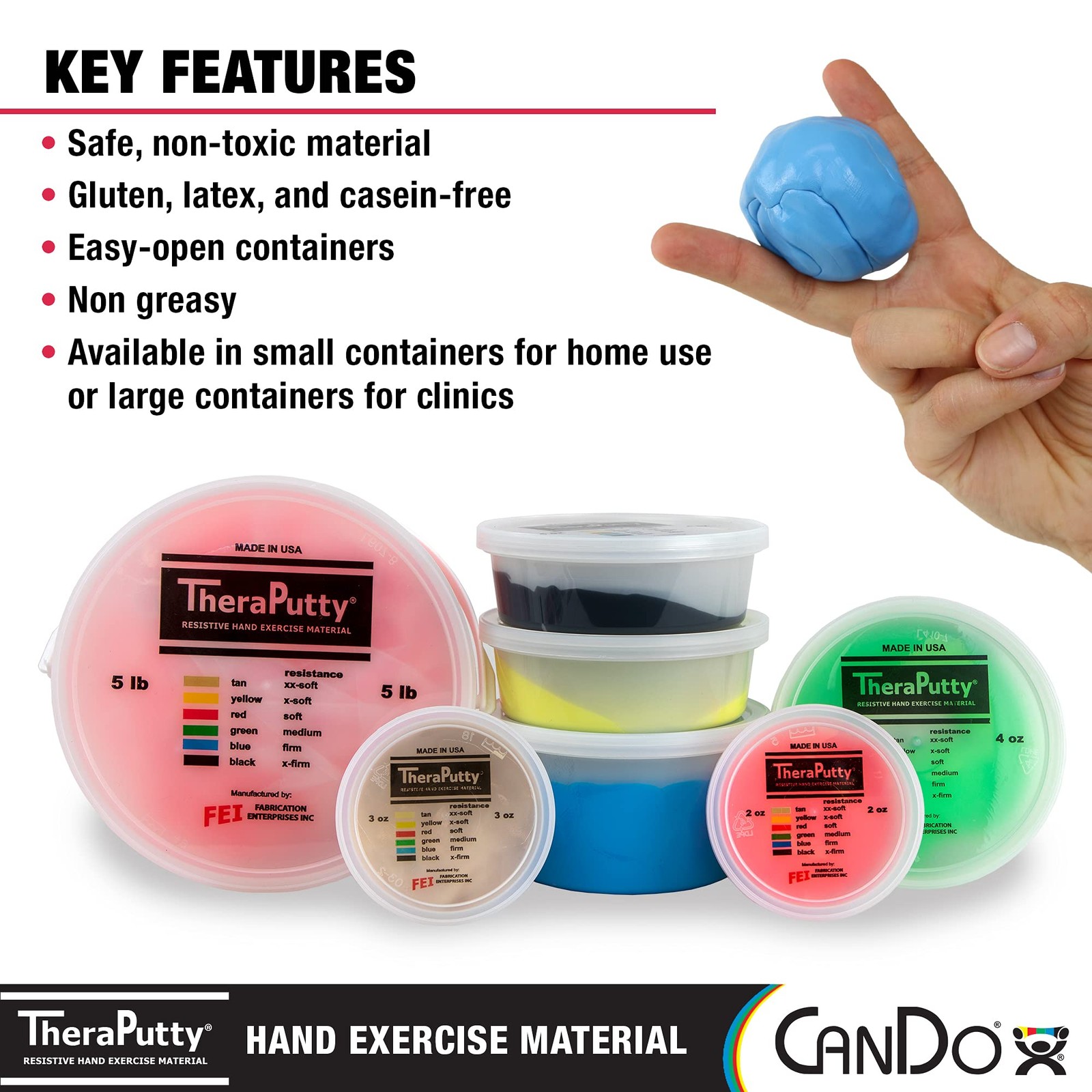 CanDo TheraPutty Standard 4oz Blue Firm Hand Exercise Putty For Rehabilitation,