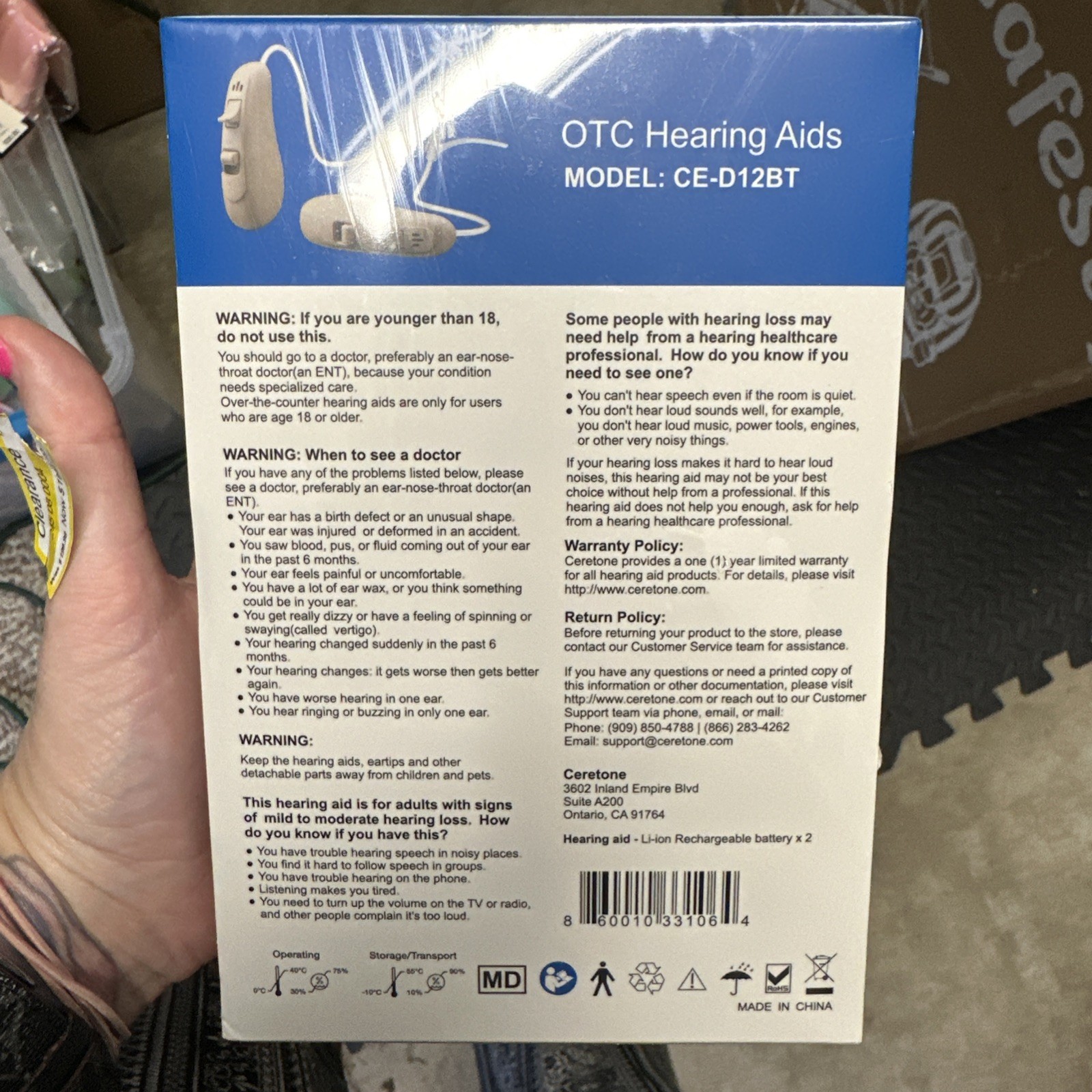 NEW- Ceretone Solid OTC Rechargeable Hearing Aid – Model: CE-D12BT