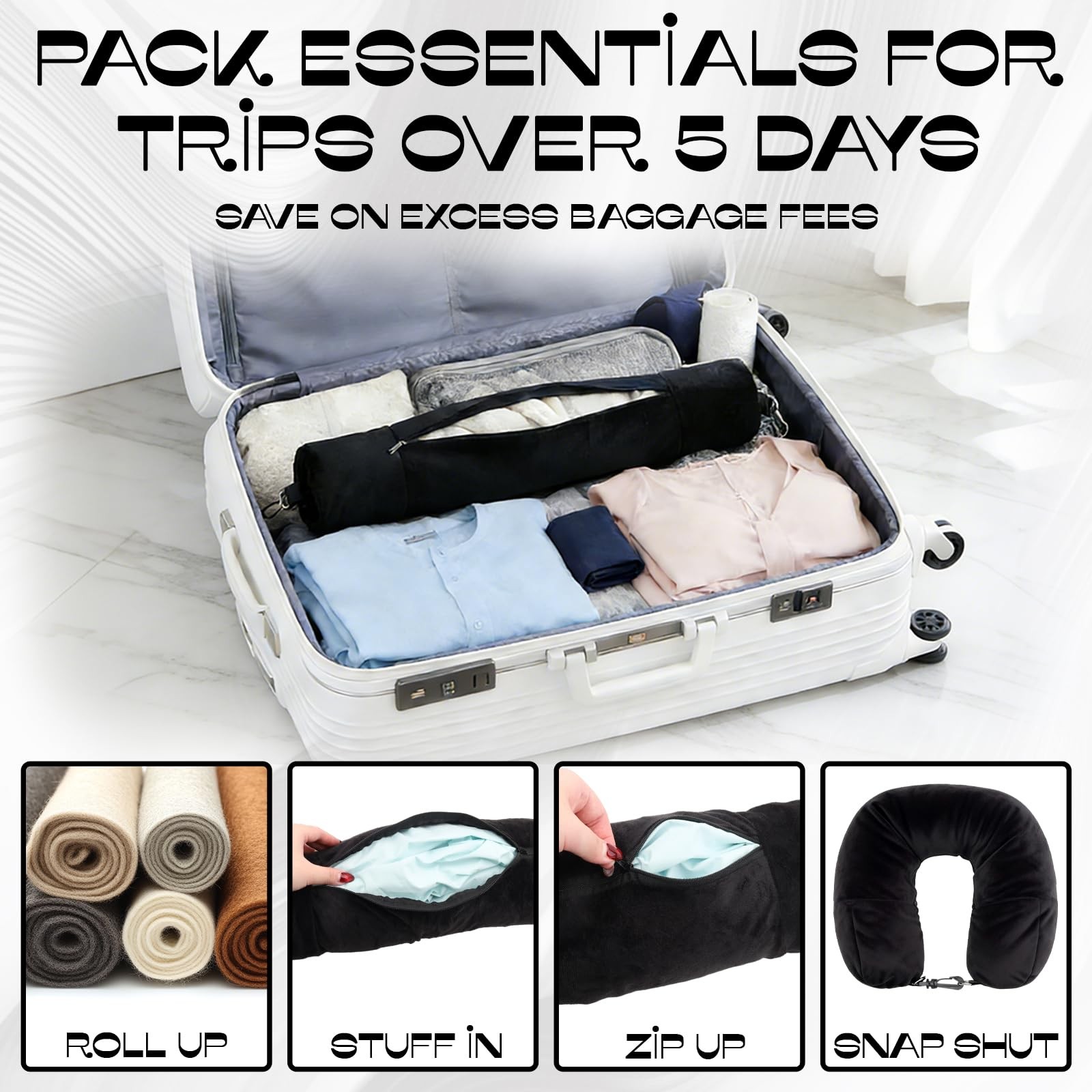 Fampery 1-Pack Stuffable Travel Pillow for Extra Luggage – Neck Black