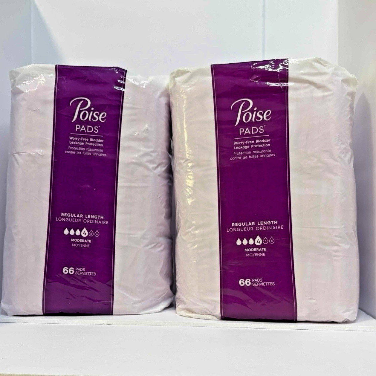 Poise #4 Pads Regular Length Moderate Absorbency 66 Count 2 Pack 132 Total