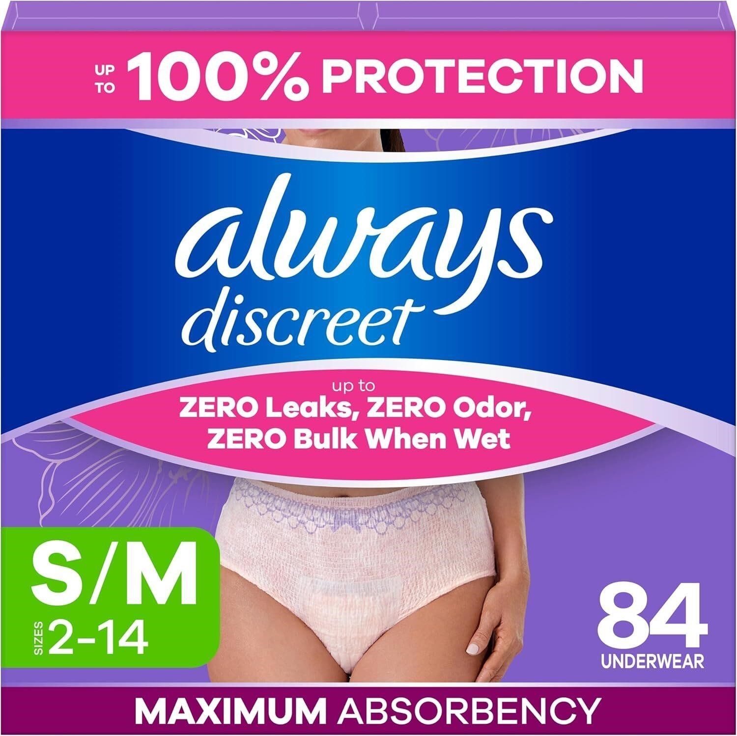 Always Discreet Adult Diapers for Women Incontinence Underwear Postpartum 84 ct