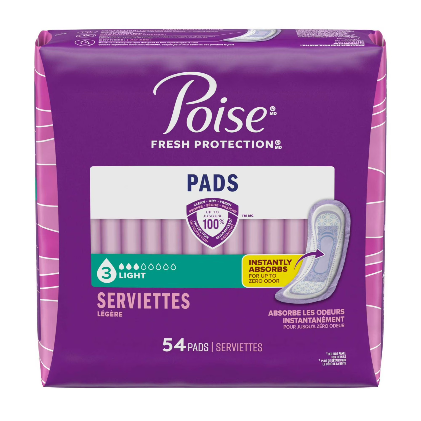 Poise Incontinence Pads for Women, 3 Drop Light Absorbency, Regular Length,54 CT
