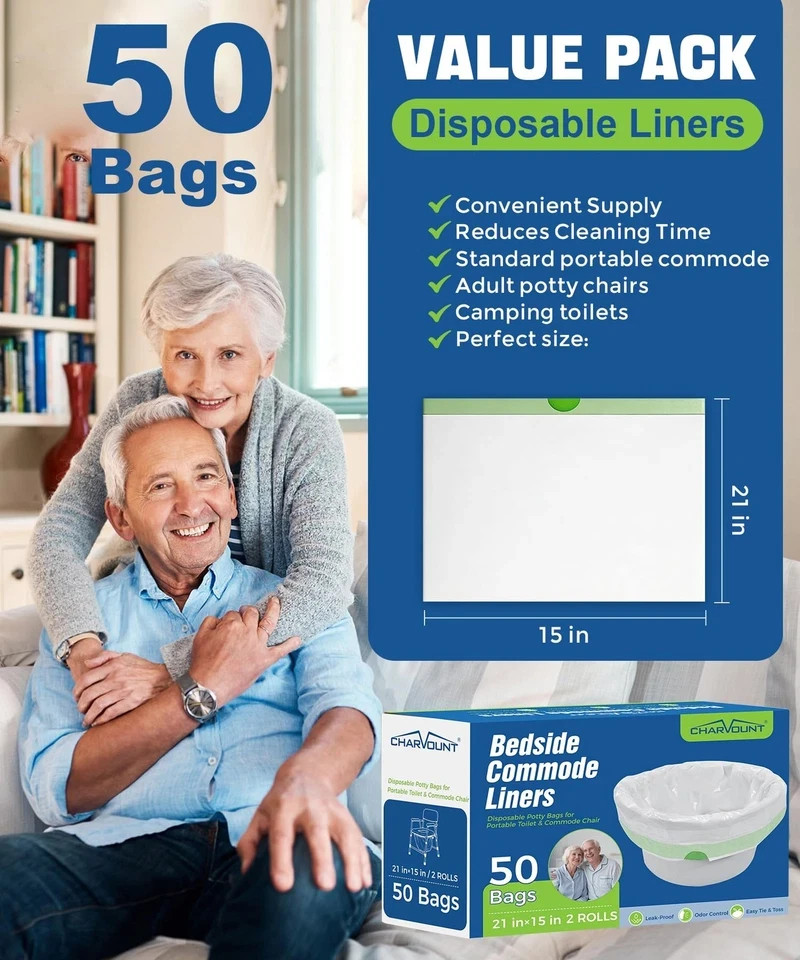 Bedside Commode Liners, Disposable Commode Bags with Drawstring, Leakproof Un.