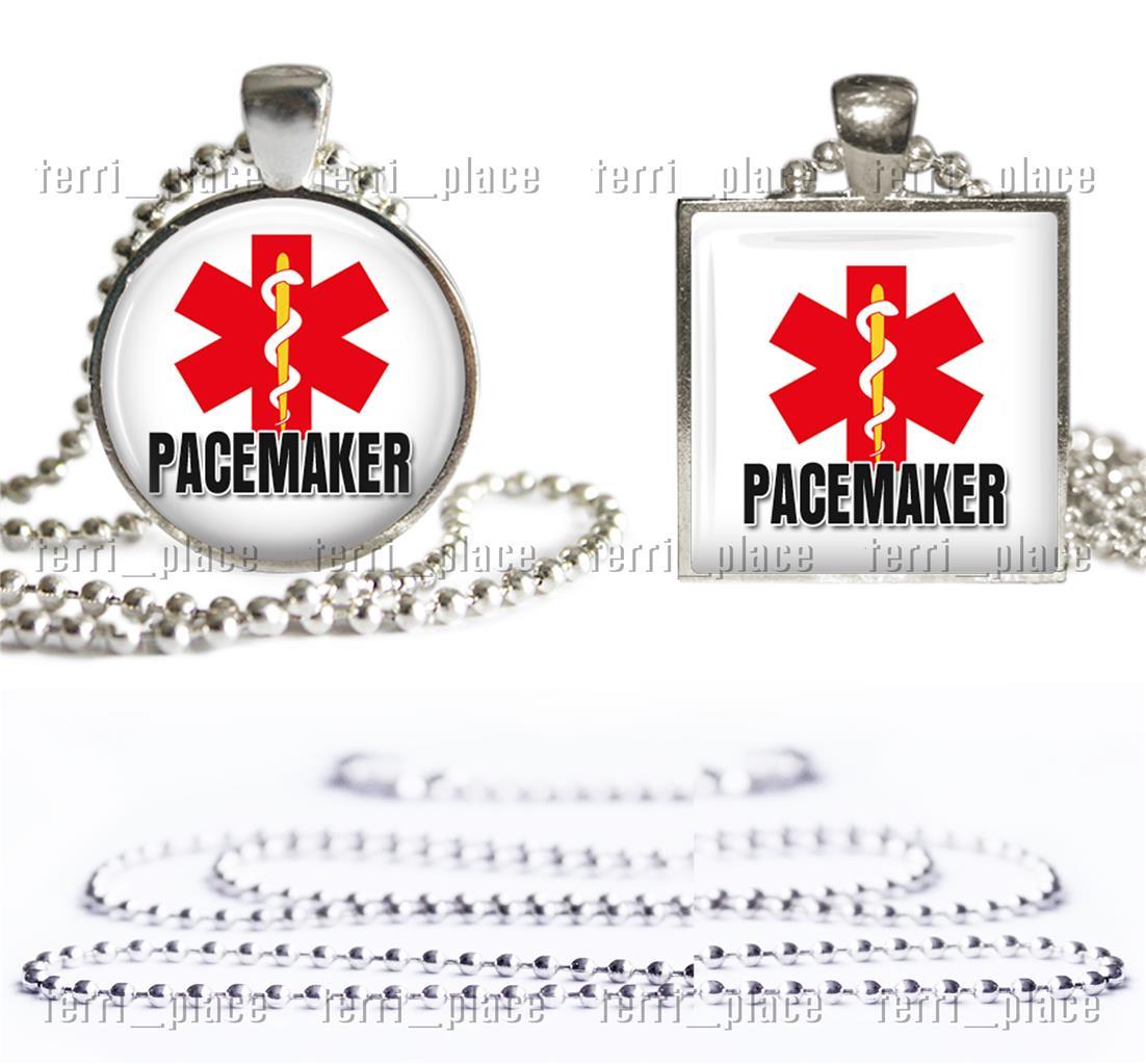Pacemaker Medical Alert Necklace Glass Top Pendant with 24″ Ball Chain included