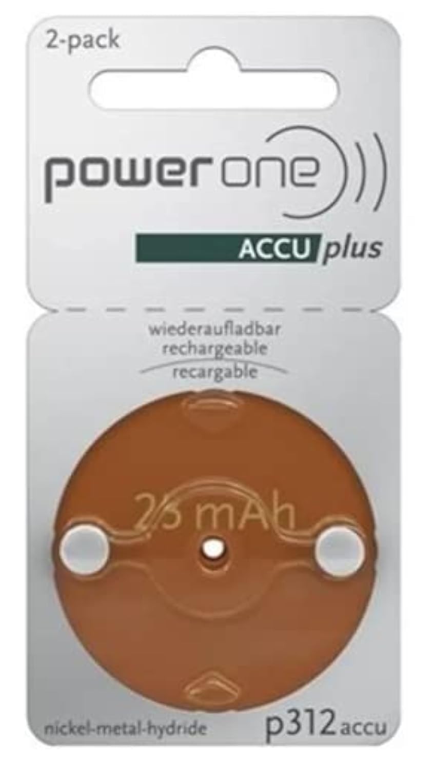 Power One ACCU Plus Size 312 Rechargeable Hearing 2 Count (Pack of 1), Brown