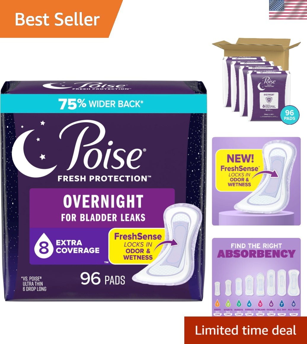 96 Count Overnight Incontinence Pads with 8 Drop Extra Coverage – 12 Hr Dryness