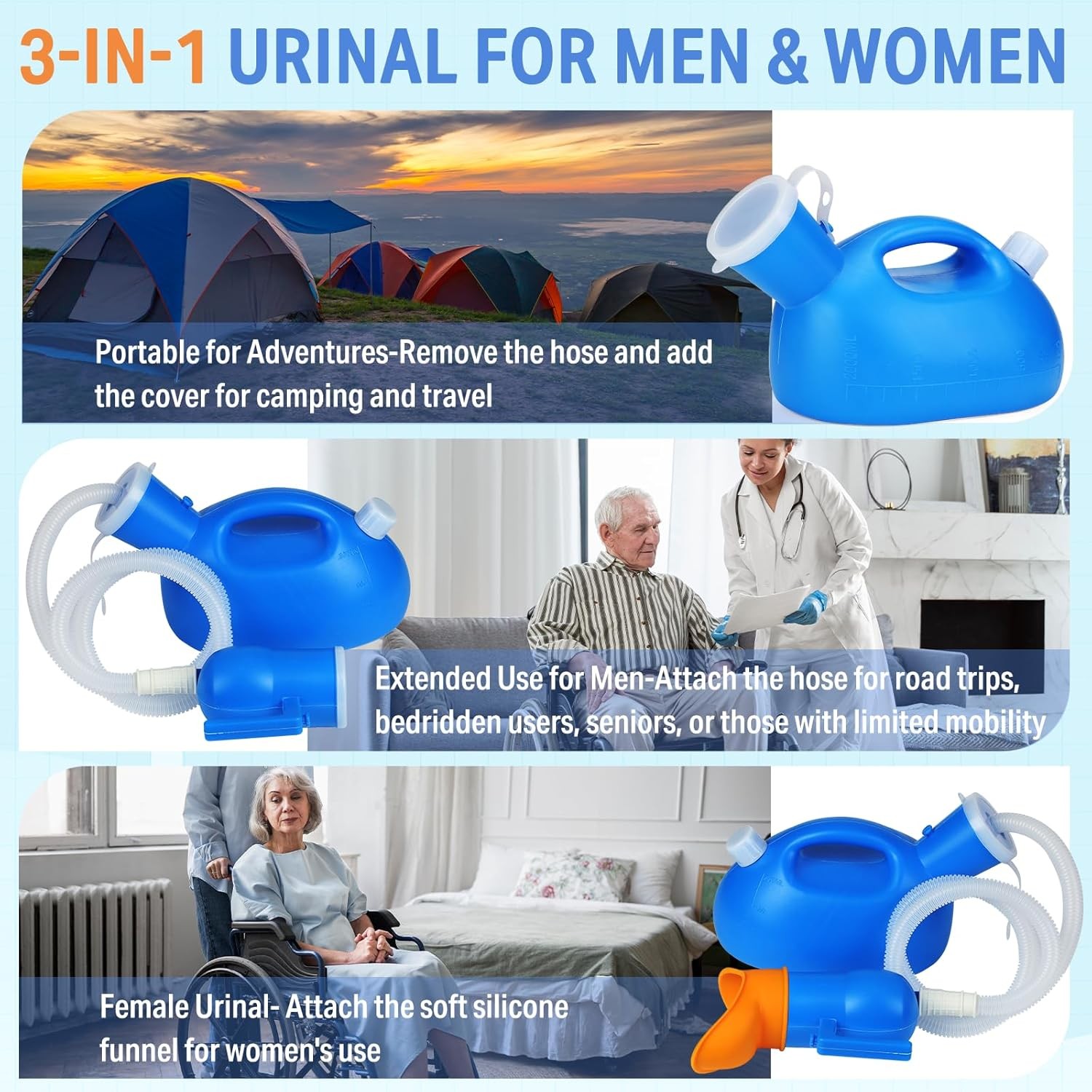 Portable 68 OZ Urine Bottle for Men and Women – Leakproof Funnel with 47” Tube