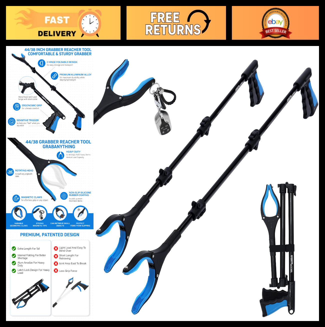 Extra Long Grabber Reacher Tool Set 38″ & 44″ – Ergonomic Pickup Tools for Senio