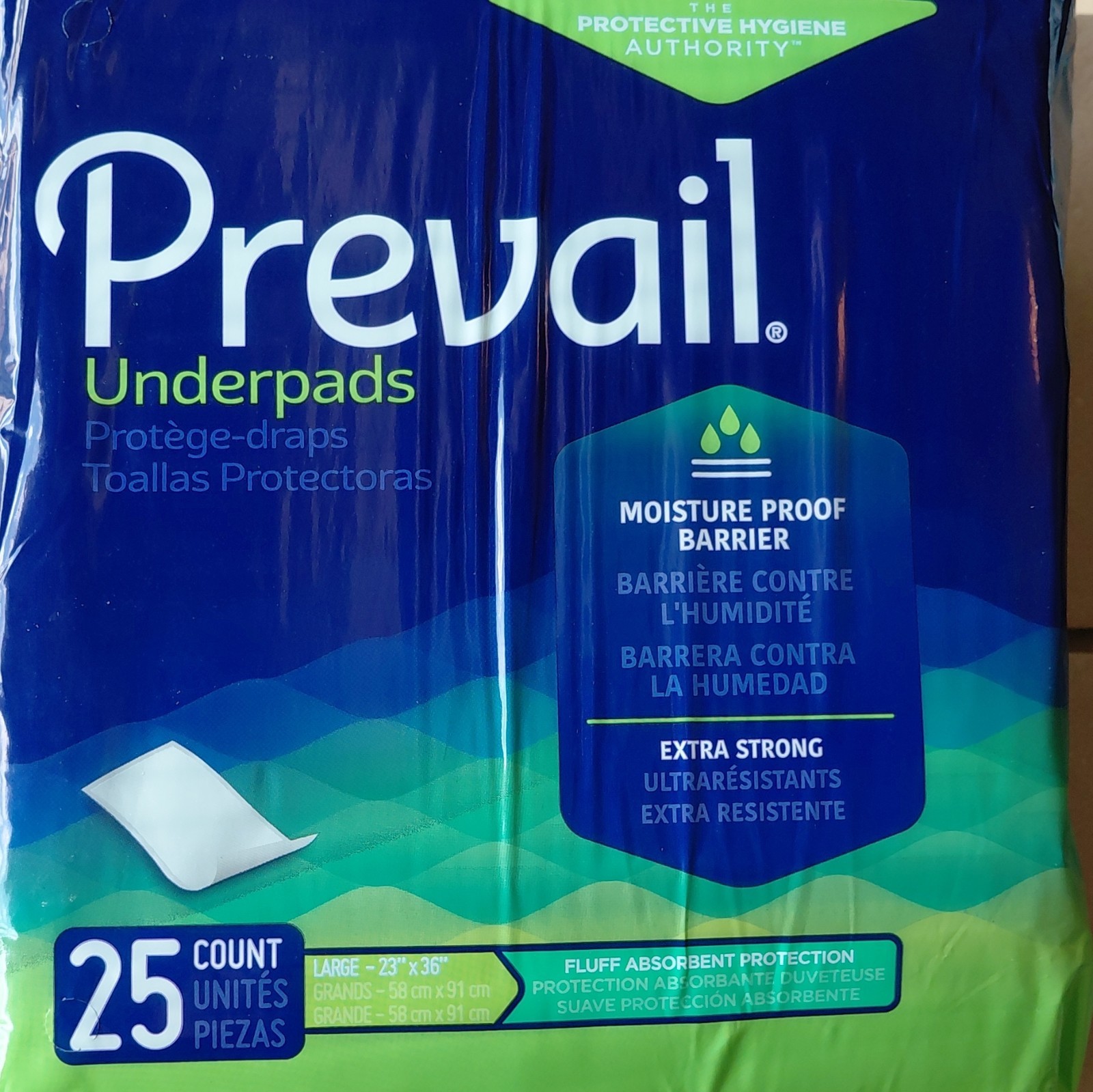 Prevail Underpads Extra Strong Moisture Proof Barrier Large 23×36 in 25 Ct