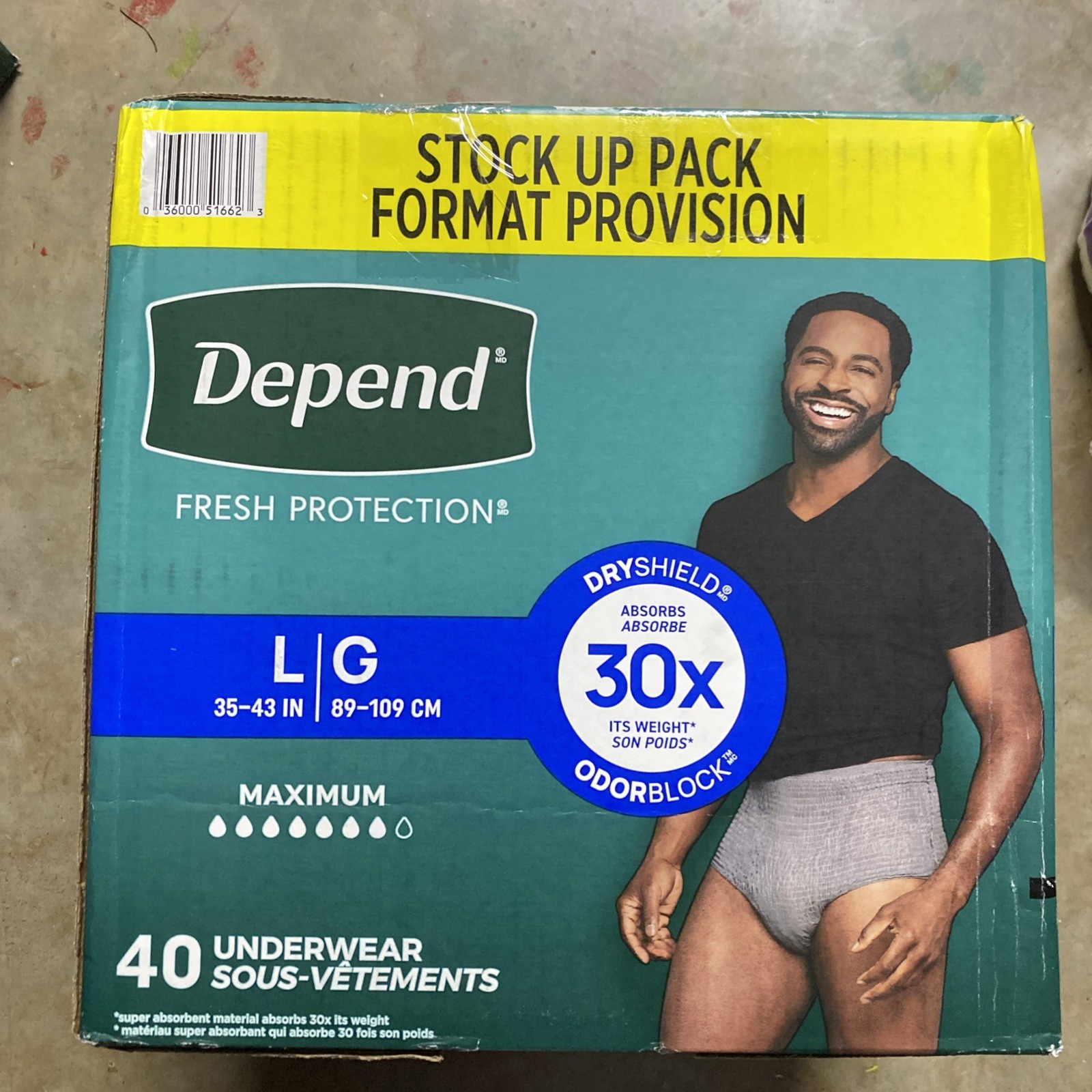 Mens DEPEND FIT-FLEX UNDERWEAR LARGE Dry Shield 40 Pack INCONTINENCE