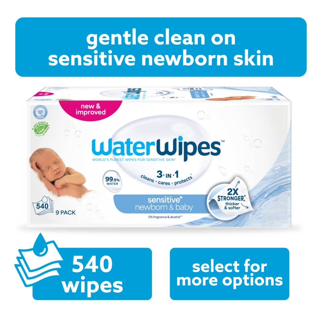 Sensitive+ Newborn & Baby Wipes, 3-In-1 Cleans, Cares, Protects, 99.9% Water, Un