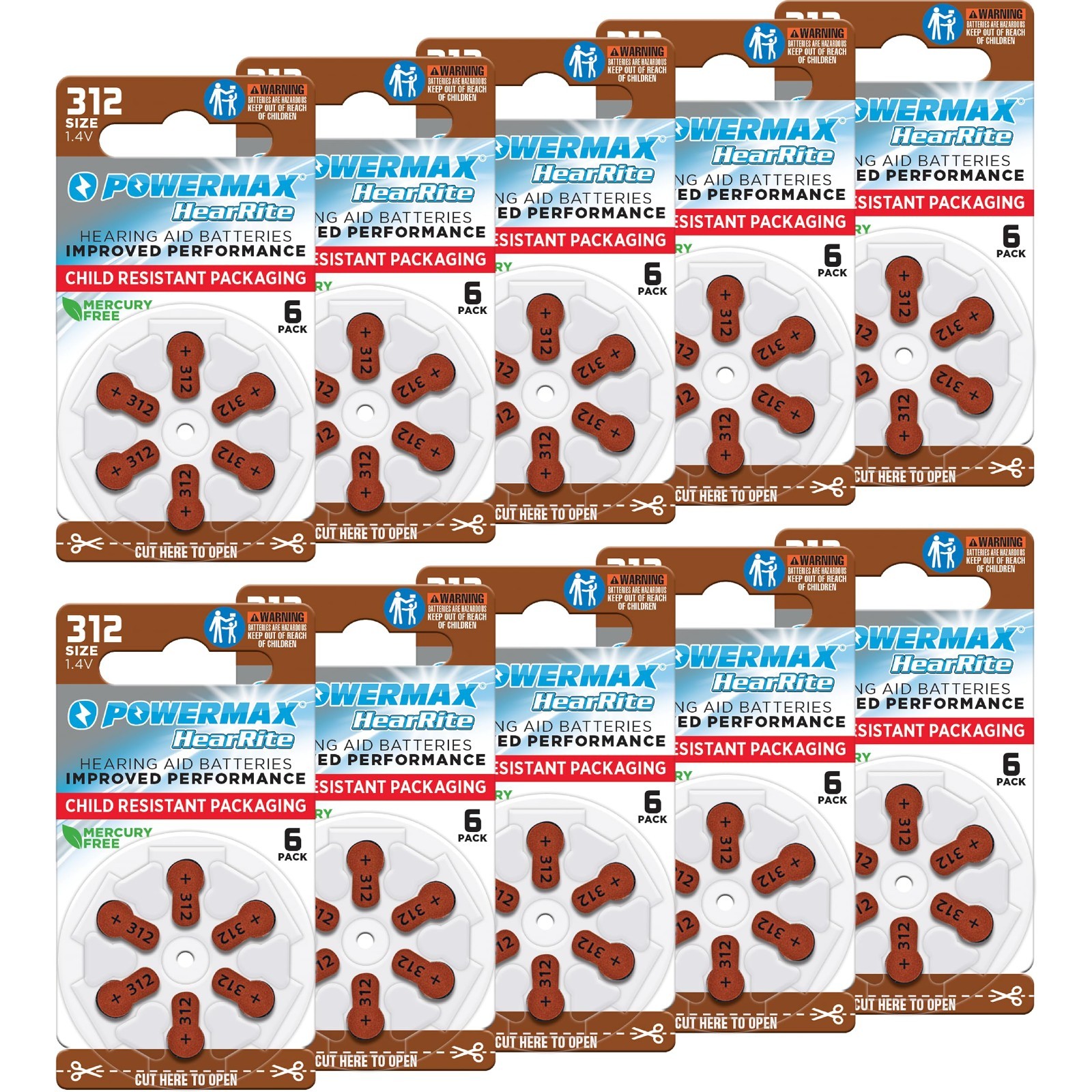 Long-Lasting Size 312 Hearing Aid Batteries, 60 Count, Easy Change Brown Tab Pac